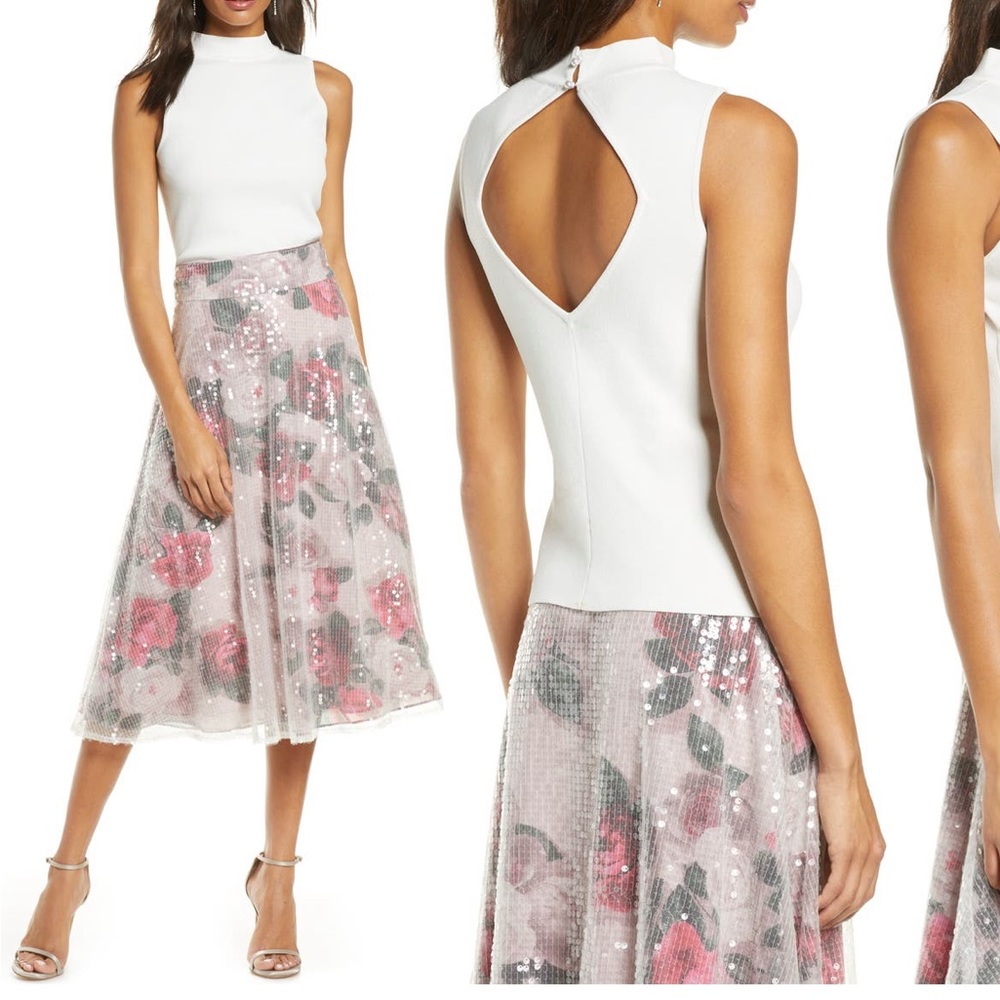 Eliza J sleeveless white top with high neck, Pearl closure and open back US S